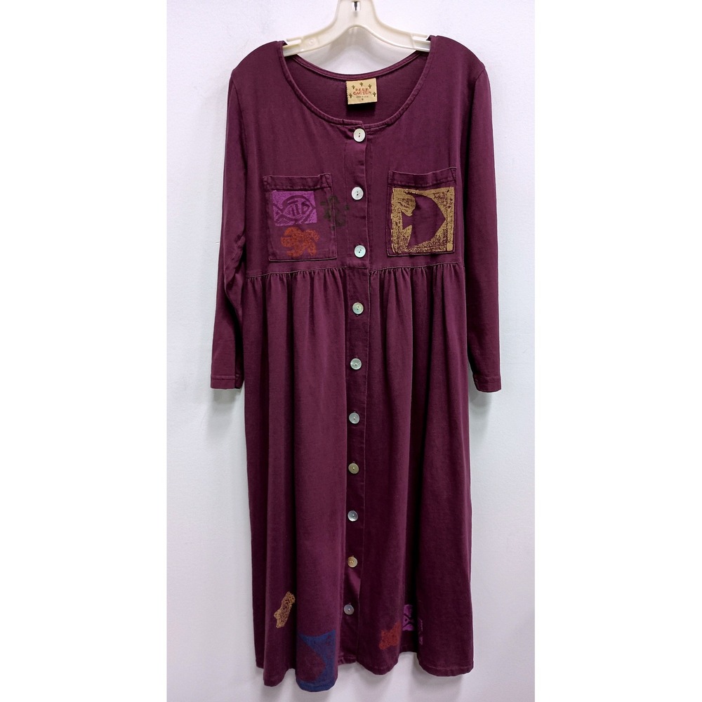 Vintage 90s Blue Cactus Dress Womens Small Purple Cotton Midi Art To Wear Fish